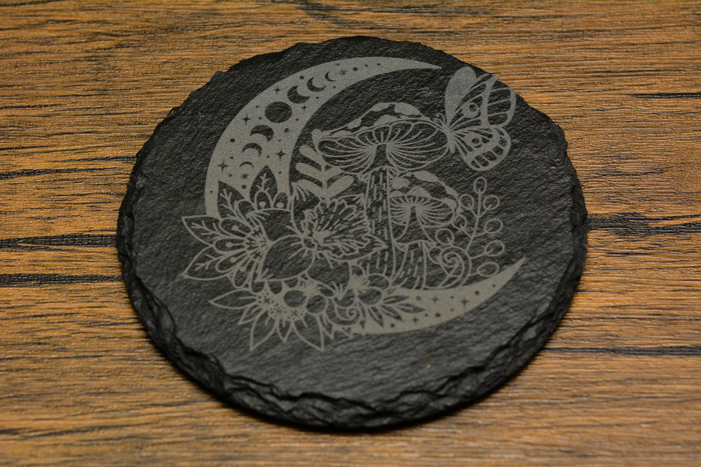 Engraved Slate Mushroom & Moon Coaster – Whimsical Nature Design (Round or Square)