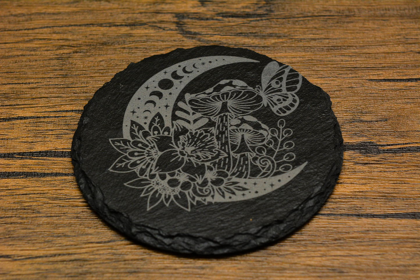 Engraved Slate Mushroom & Moon Coaster – Whimsical Nature Design (Round or Square)
