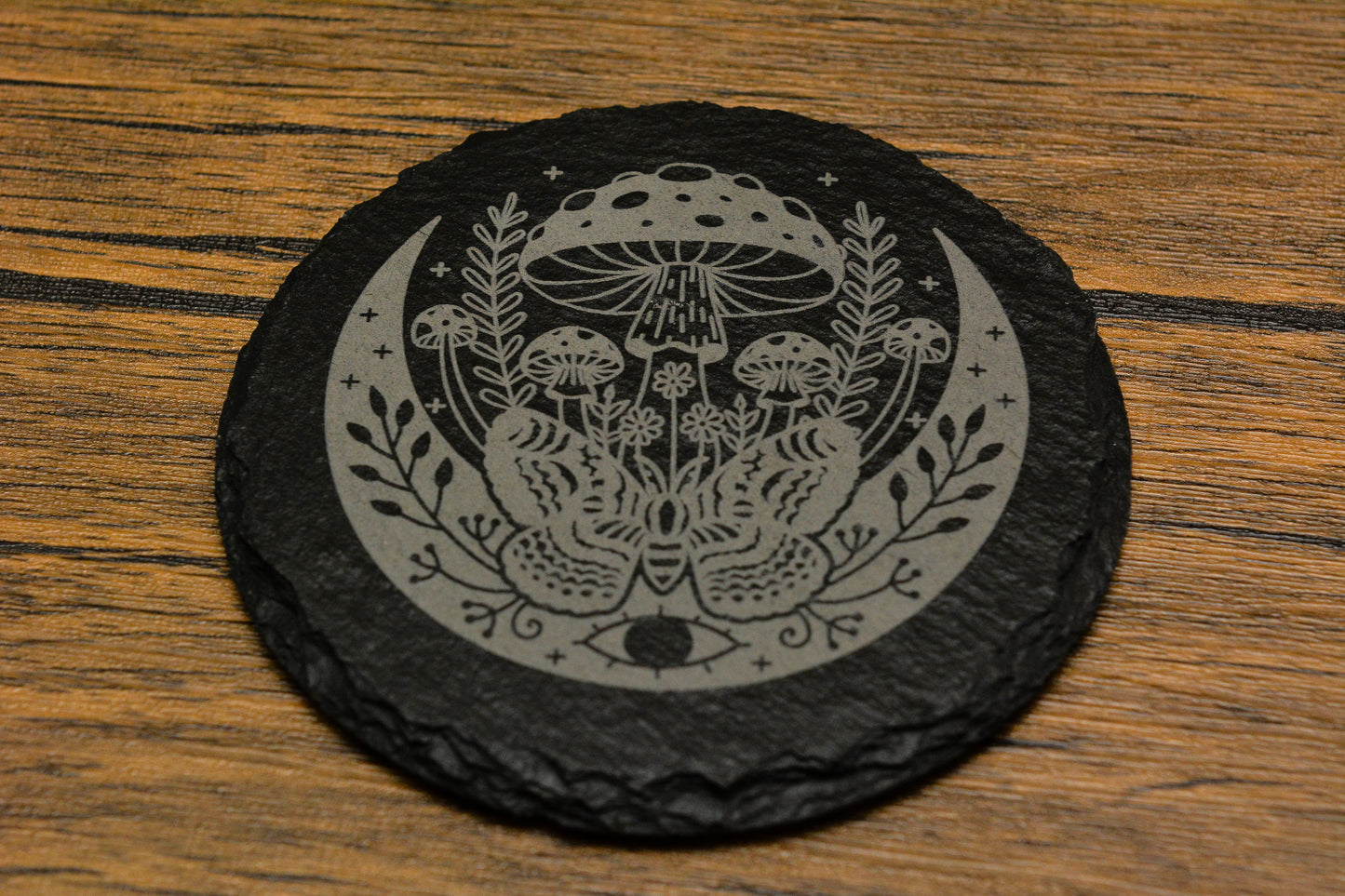 Engraved Slate Mushroom & Moon Coaster – Whimsical Nature Design (Round or Square)