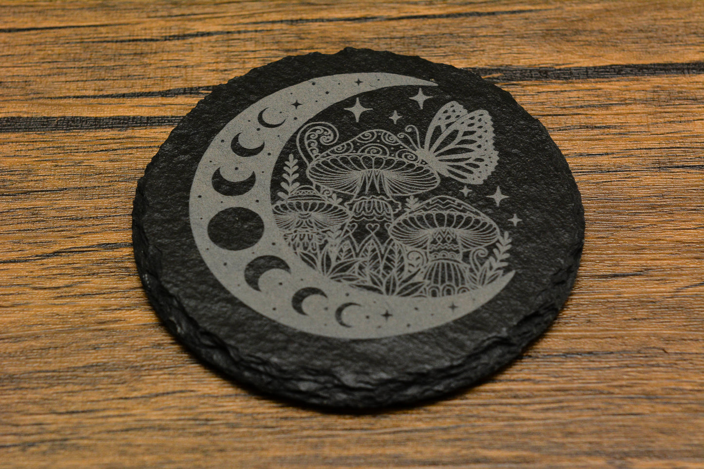 Engraved Slate Mushroom & Moon Coaster – Whimsical Nature Design (Round or Square)