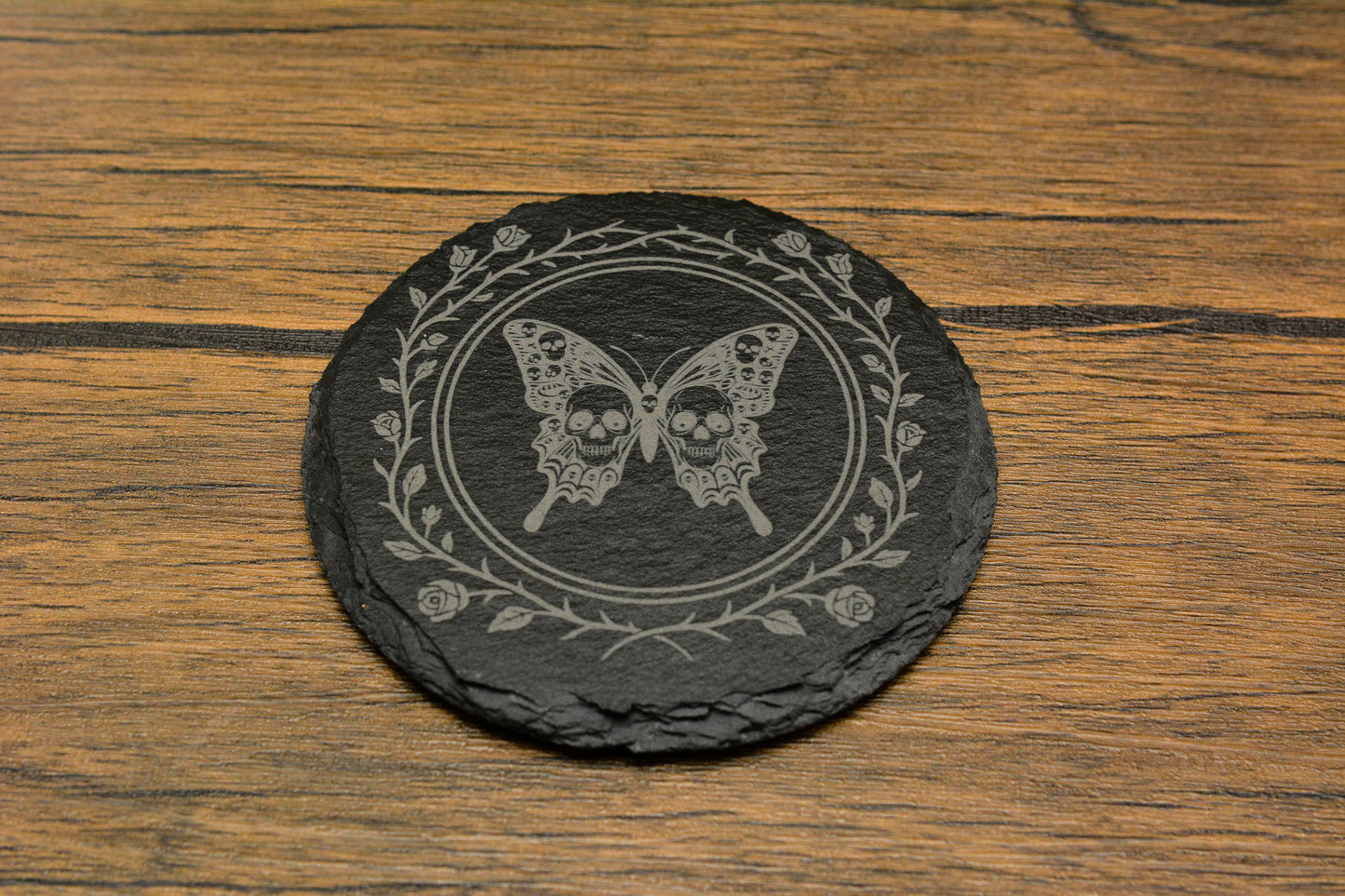 Gothic Butterfly Skull Slate Coaster – Whimsical Goth Home Decor & Dark Nature Gift