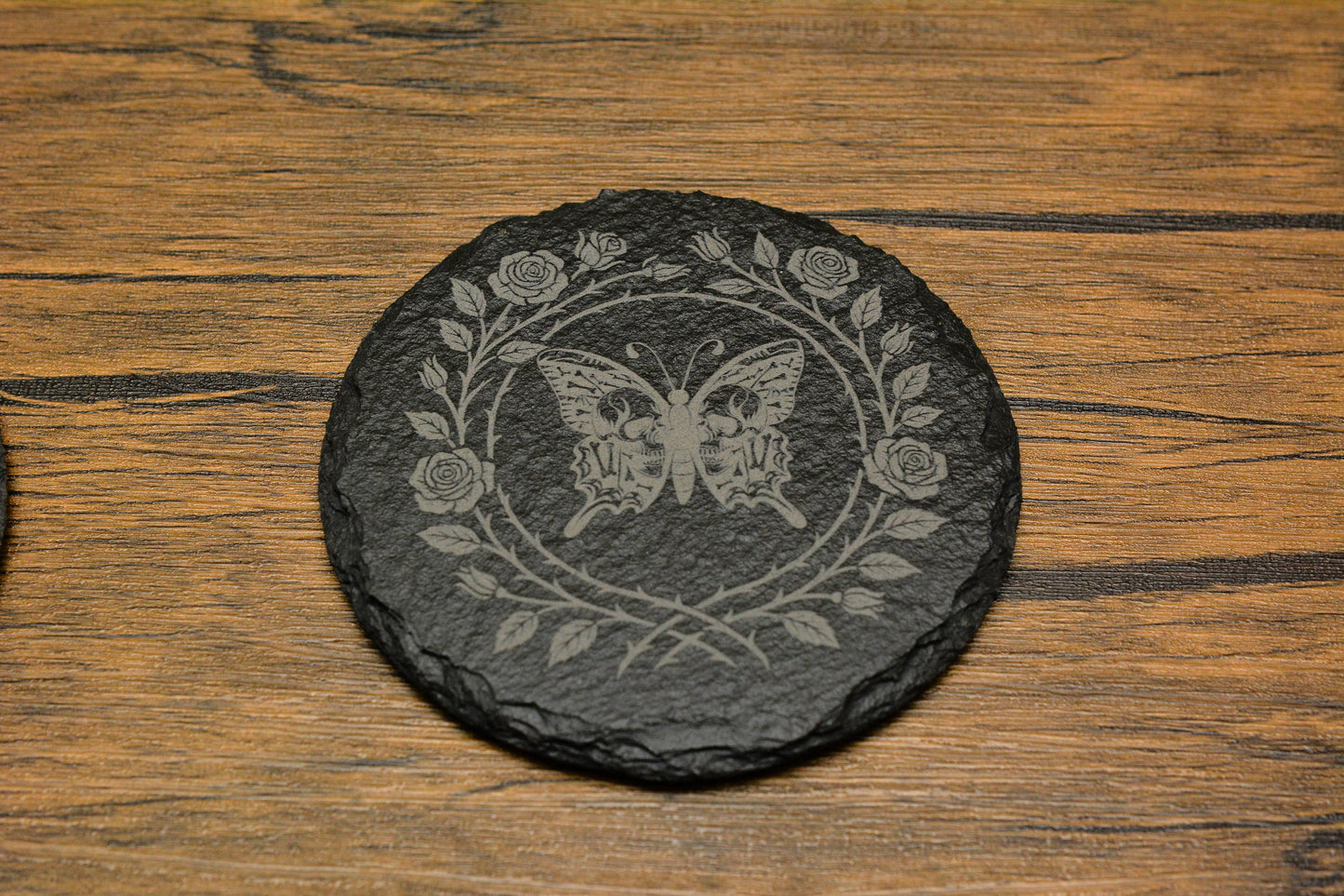 Gothic Butterfly Skull Slate Coaster – Whimsical Goth Home Decor & Dark Nature Gift