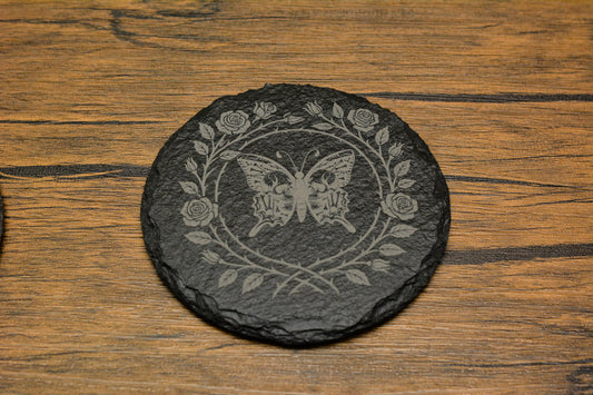 Gothic Butterfly Skull Slate Coaster – Whimsical Goth Home Decor & Dark Nature Gift