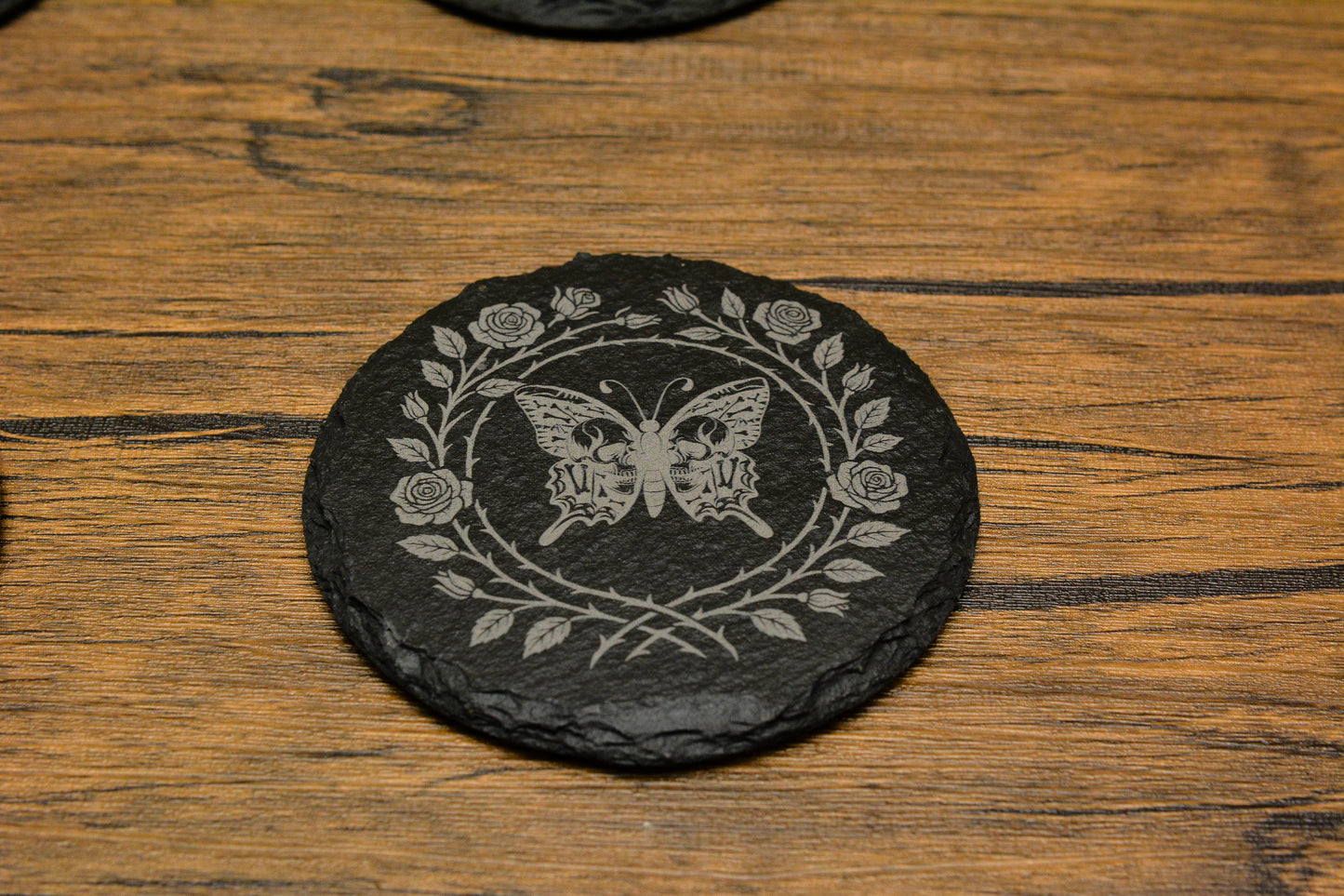 Gothic Butterfly Skull Slate Coaster – Whimsical Goth Home Decor & Dark Nature Gift