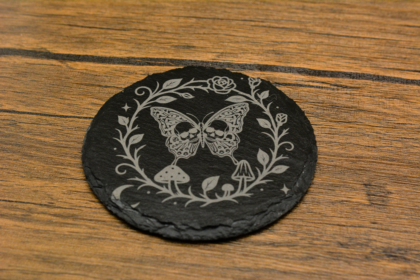 Gothic Butterfly Skull Slate Coaster – Whimsical Goth Home Decor & Dark Nature Gift