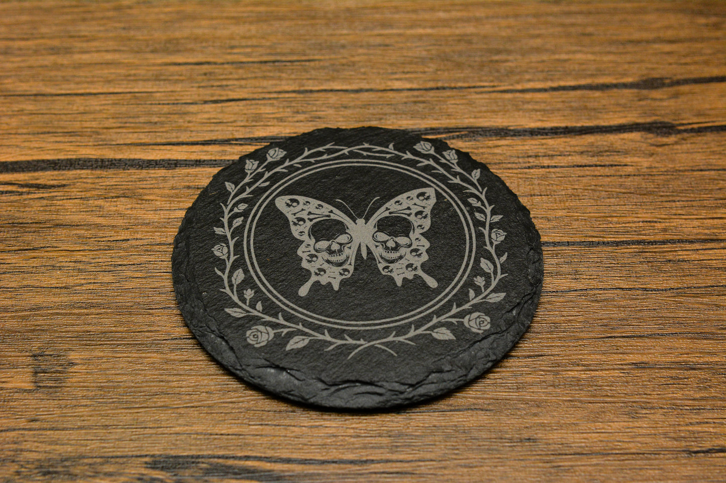 Gothic Butterfly Skull Slate Coaster – Whimsical Goth Home Decor & Dark Nature Gift
