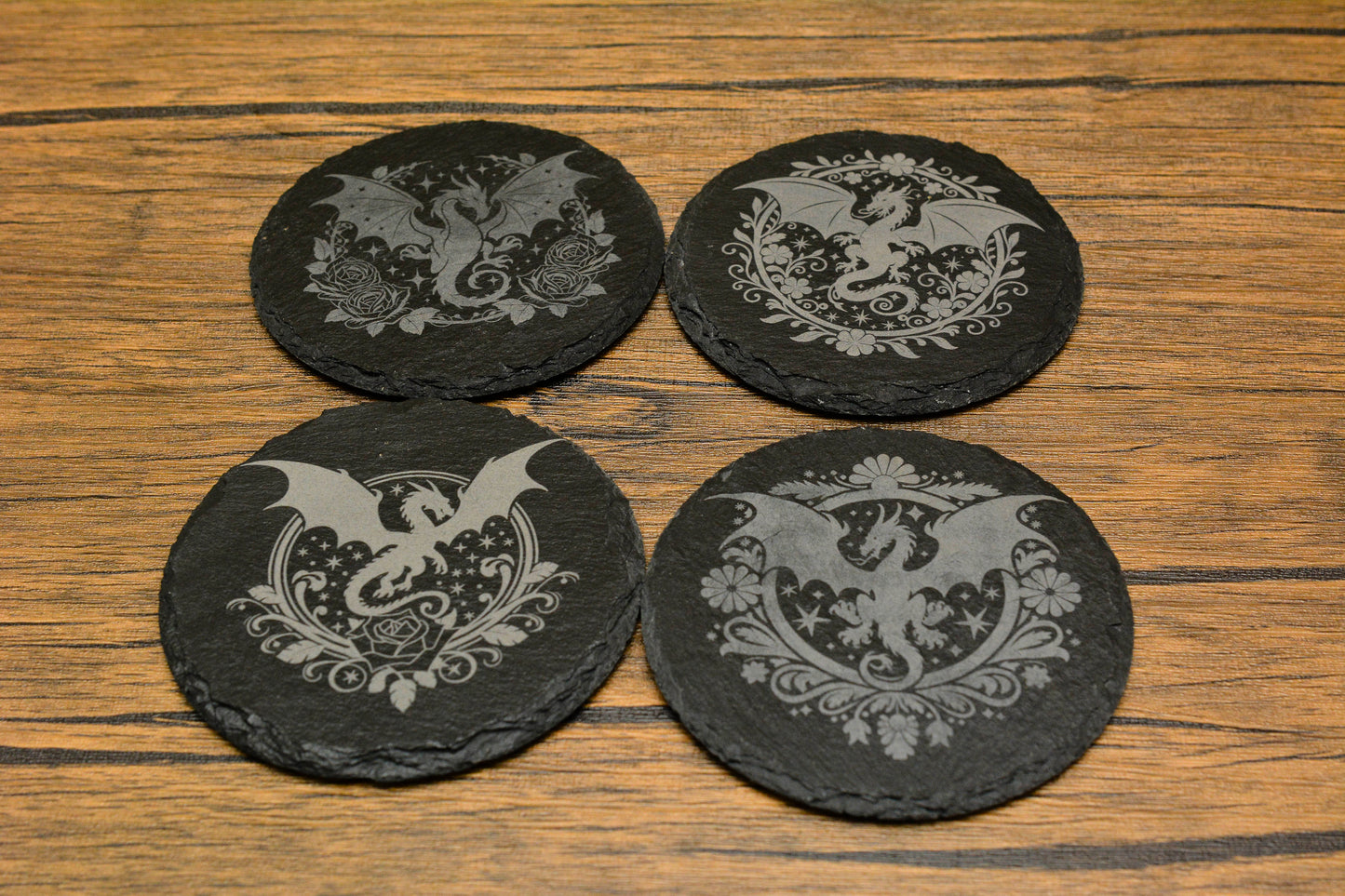 Engraved Slate Dragon Coaster – Natural Edge Drink Mat (Round or Square)