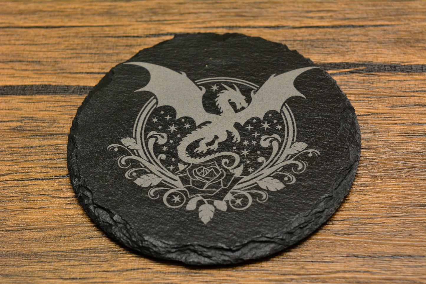 Engraved Slate Dragon Coaster – Natural Edge Drink Mat (Round or Square)