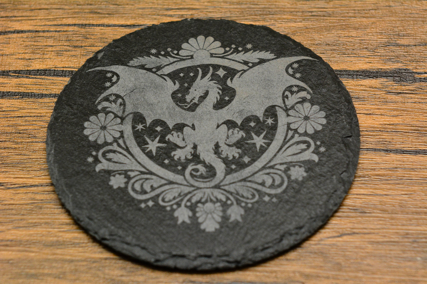 Engraved Slate Dragon Coaster – Natural Edge Drink Mat (Round or Square)