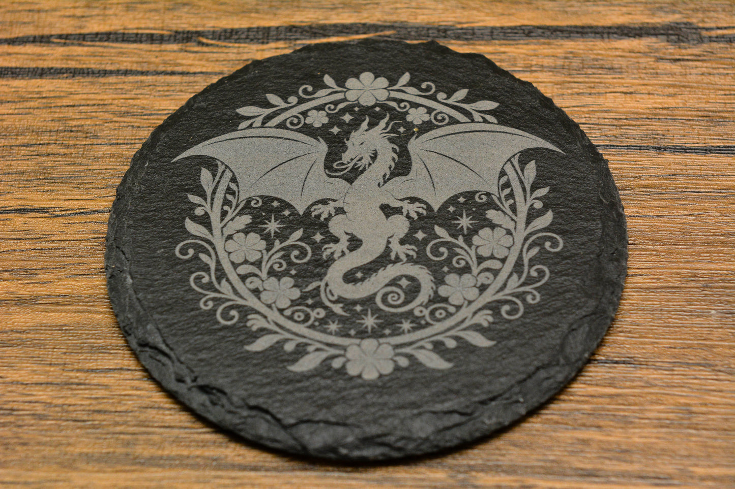 Engraved Slate Dragon Coaster – Natural Edge Drink Mat (Round or Square)