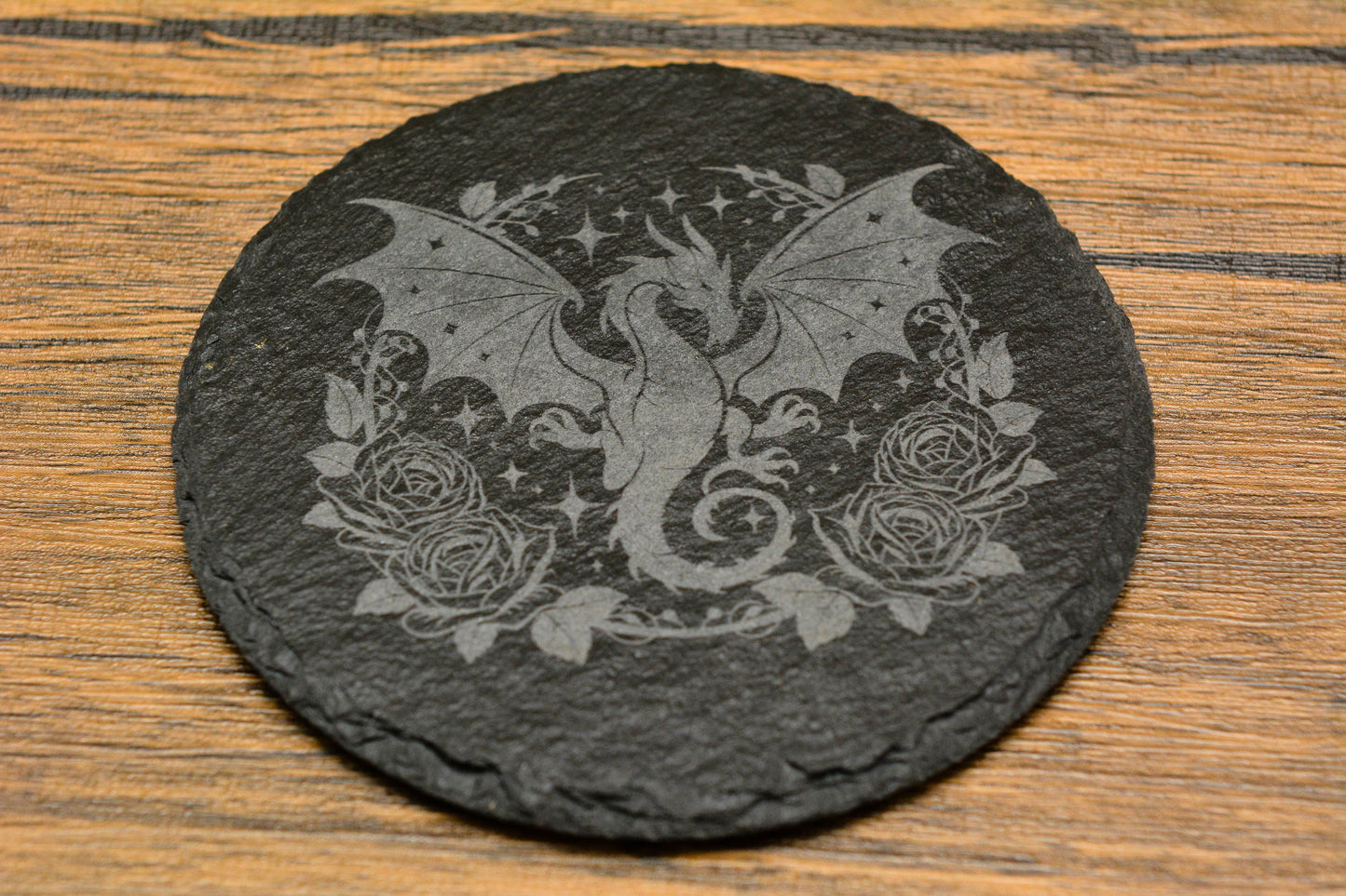 Engraved Slate Dragon Coaster – Natural Edge Drink Mat (Round or Square)