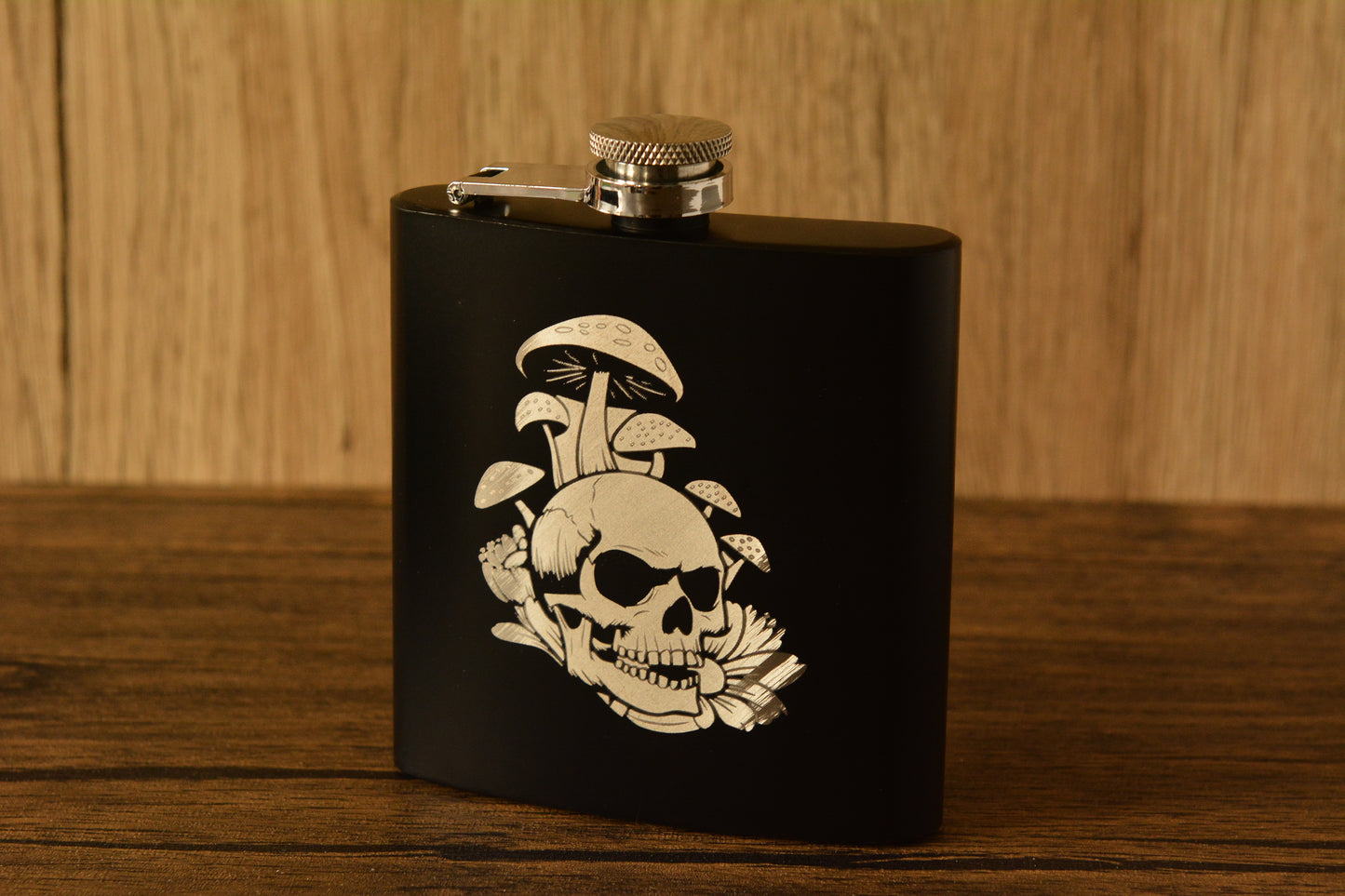 Mushroom Skull Hip Flask – 6oz Engraved Stainless Steel Flask with Gift Box & Funnel