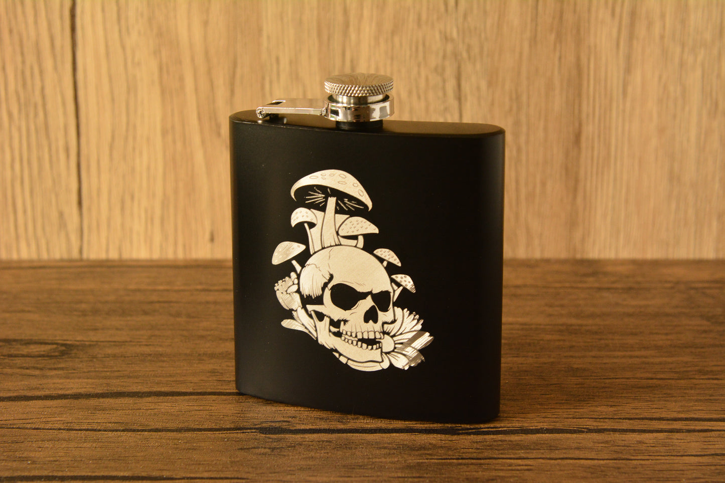 Mushroom Skull Hip Flask – 6oz Engraved Stainless Steel Flask with Gift Box & Funnel