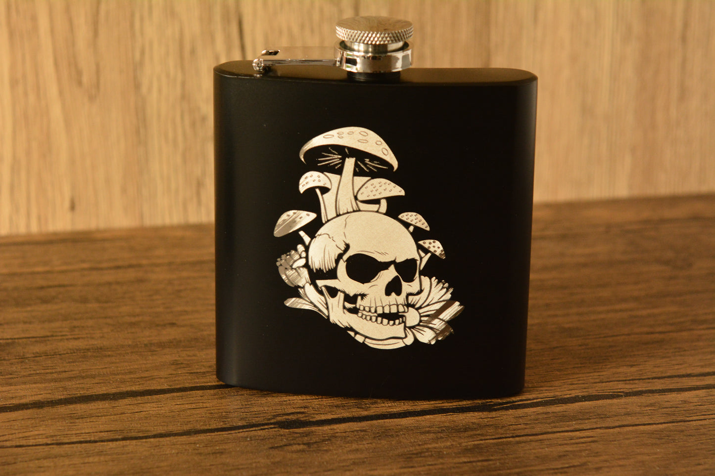 Mushroom Skull Hip Flask – 6oz Engraved Stainless Steel Flask with Gift Box & Funnel