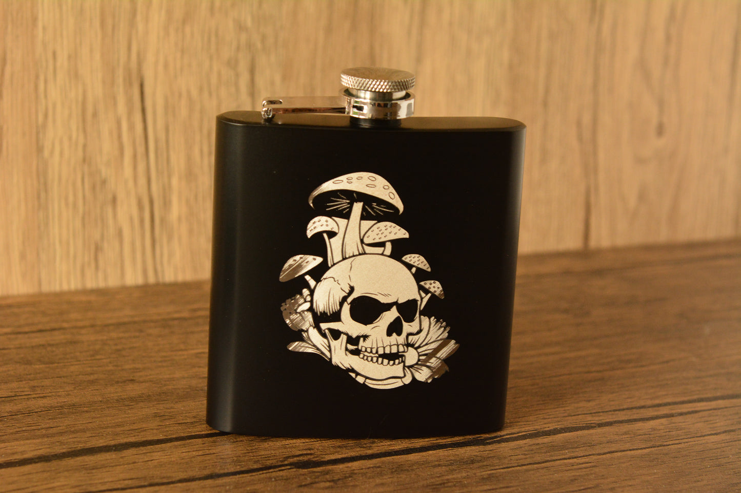 Mushroom Skull Hip Flask – 6oz Engraved Stainless Steel Flask with Gift Box & Funnel