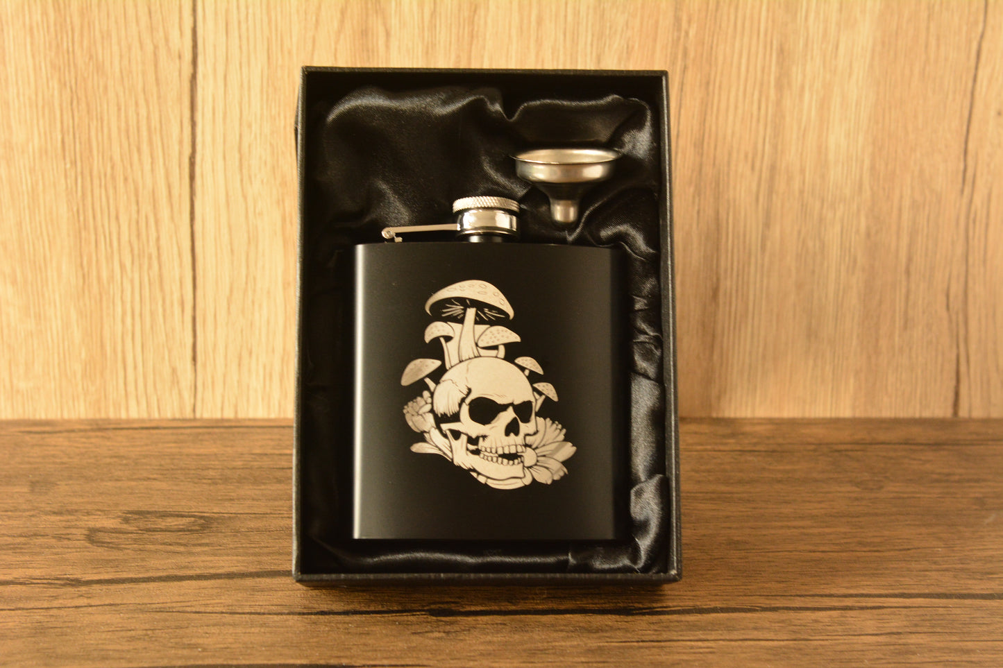 Mushroom Skull Hip Flask – 6oz Engraved Stainless Steel Flask with Gift Box & Funnel