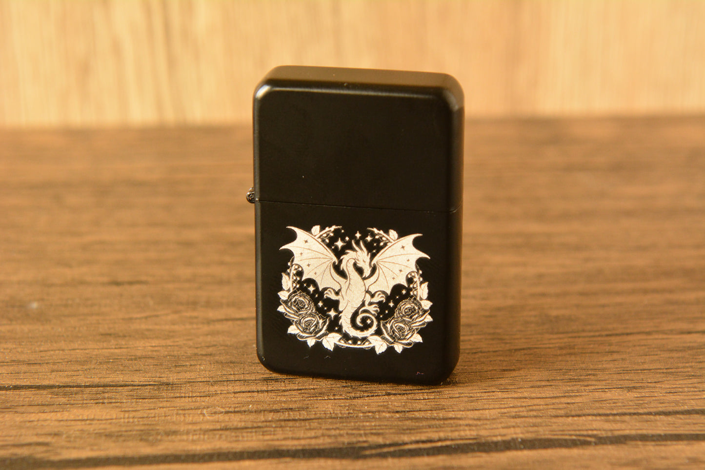 Dragon Engraved Lighter – Black Matte Stainless Steel Refillable Flip Top