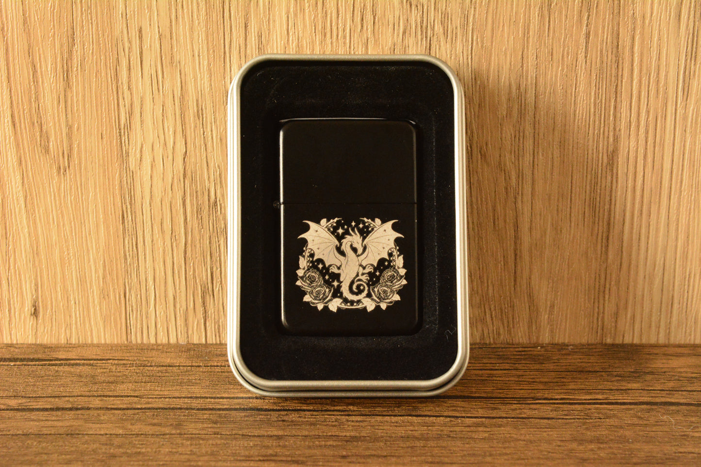 Dragon Engraved Lighter – Black Matte Stainless Steel Refillable Flip Top