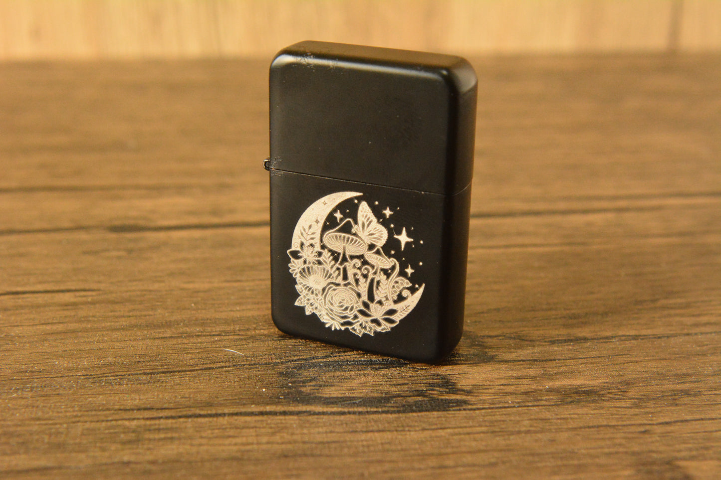 Mushroom Moon Engraved Lighter – Black Matte Stainless Steel Refillable Flip Top