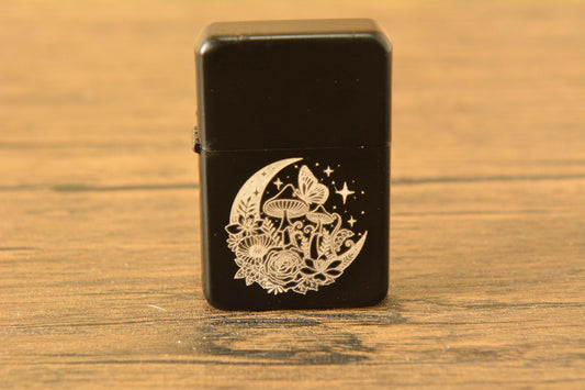 Mushroom Moon Engraved Lighter – Black Matte Stainless Steel Refillable Flip Top