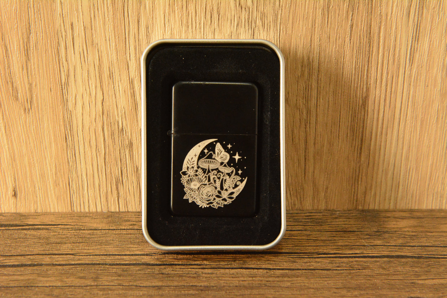 Mushroom Moon Engraved Lighter – Black Matte Stainless Steel Refillable Flip Top