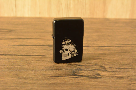 Gothic Skull and Mushroom Engraved Lighter – Black Matte Stainless Steel Refillable Flip Top