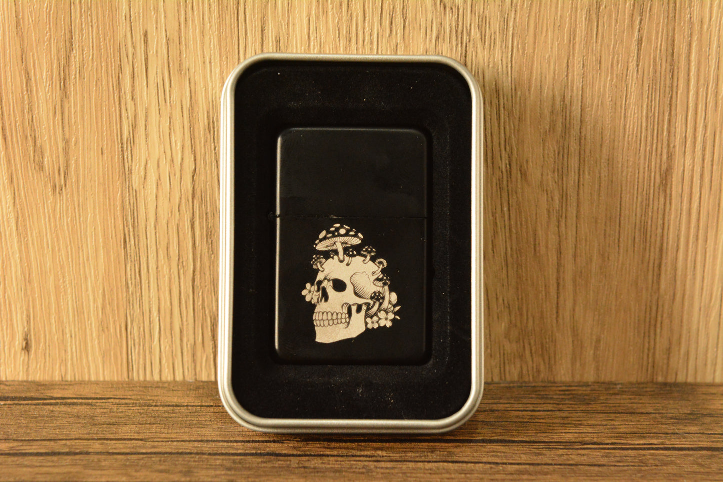 Gothic Skull and Mushroom Engraved Lighter – Black Matte Stainless Steel Refillable Flip Top