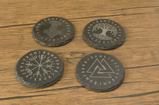 Norse Slate Coaster Set – Engraved Viking Coasters with Holder, Set of 4 Rune Design Drinks Mats