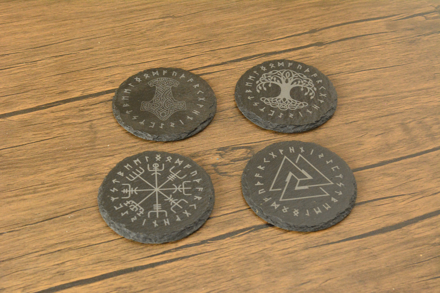 Norse Slate Coaster Set – Engraved Viking Coasters with Holder, Set of 4 Rune Design Drinks Mats