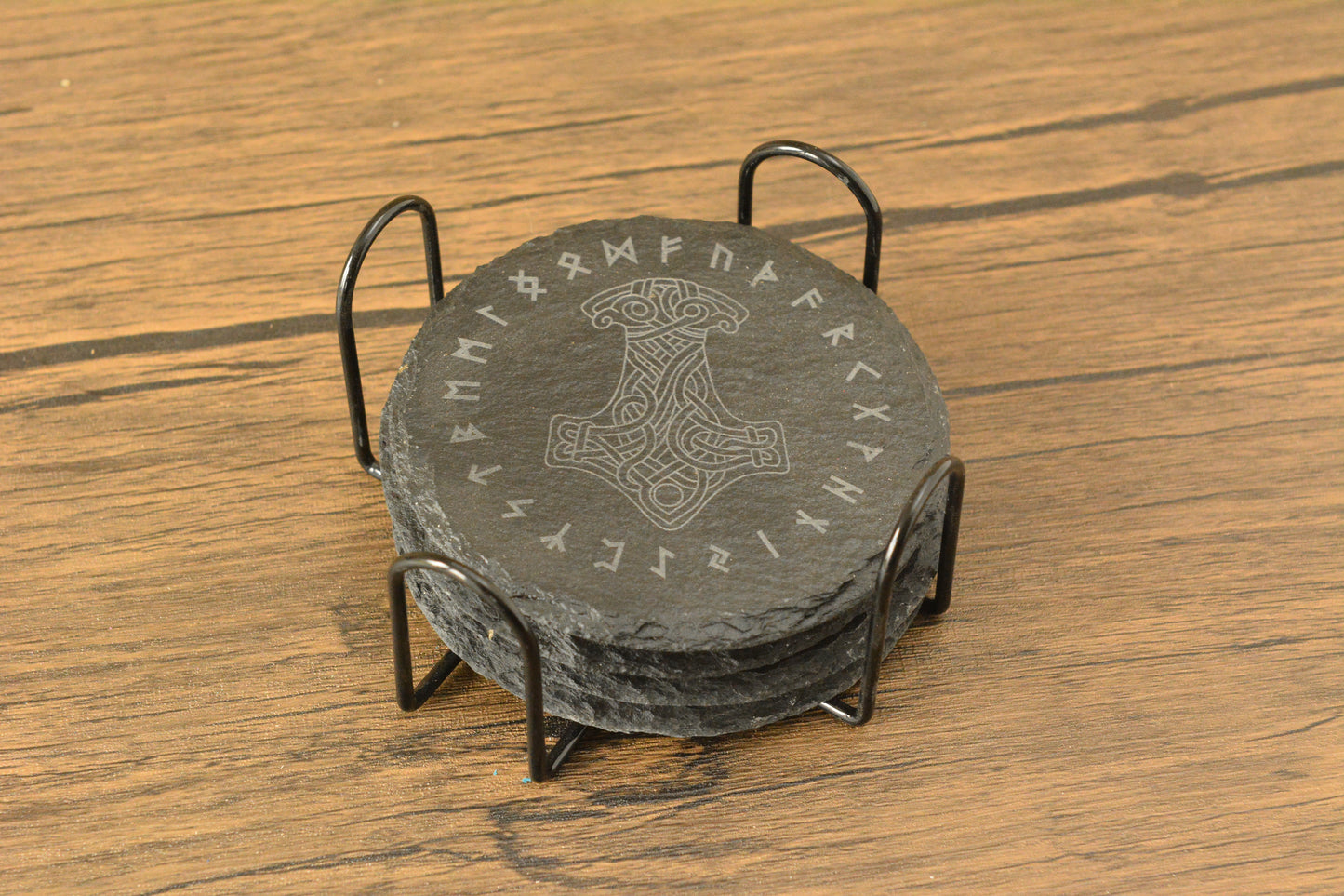 Norse Slate Coaster Set – Engraved Viking Coasters with Holder, Set of 4 Rune Design Drinks Mats