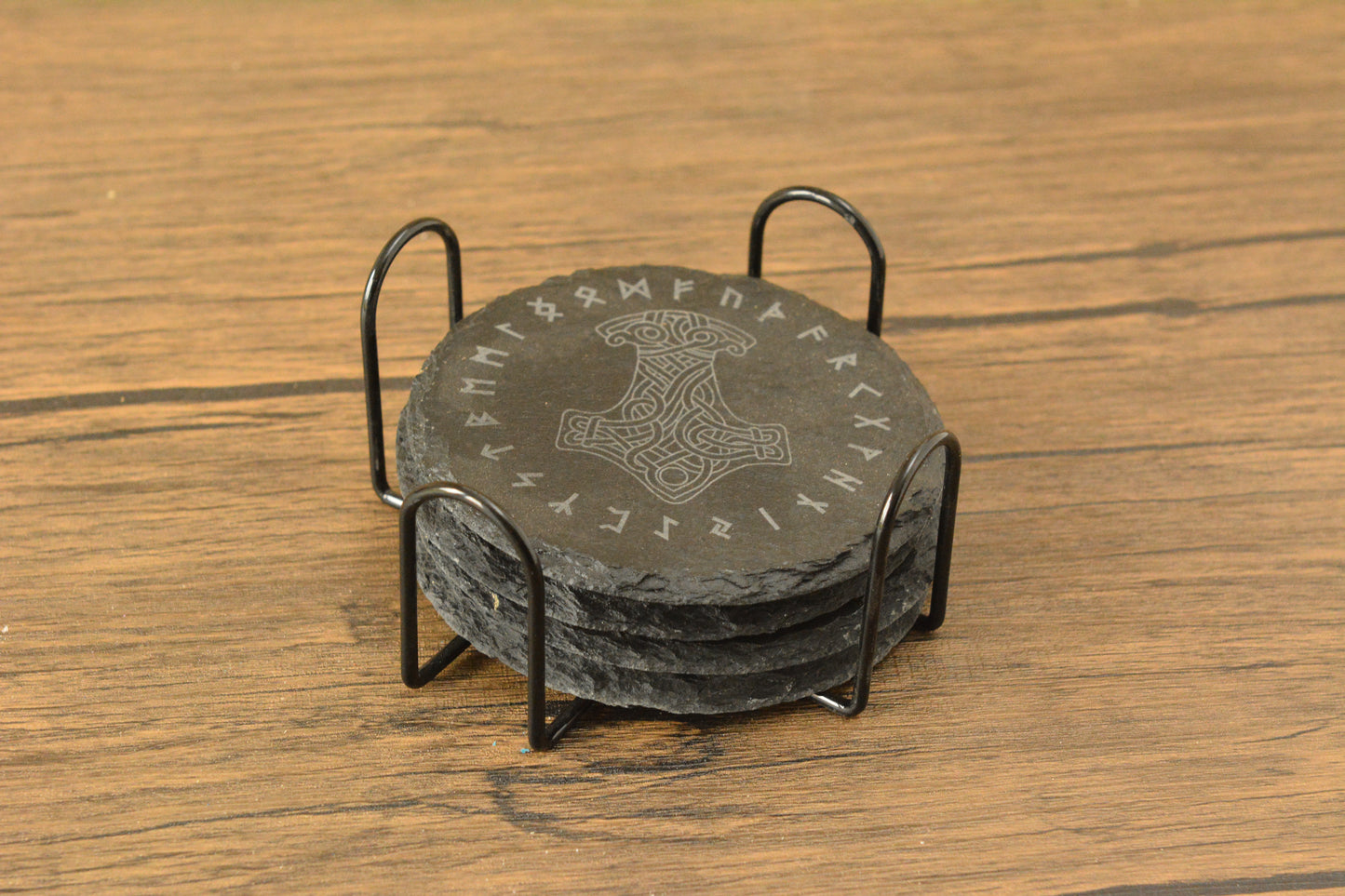 Norse Slate Coaster Set – Engraved Viking Coasters with Holder, Set of 4 Rune Design Drinks Mats