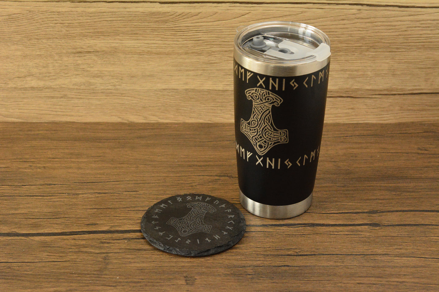 Mjolnir Norse Tumbler & Coaster Gift Set – Engraved Viking Thermal Mug