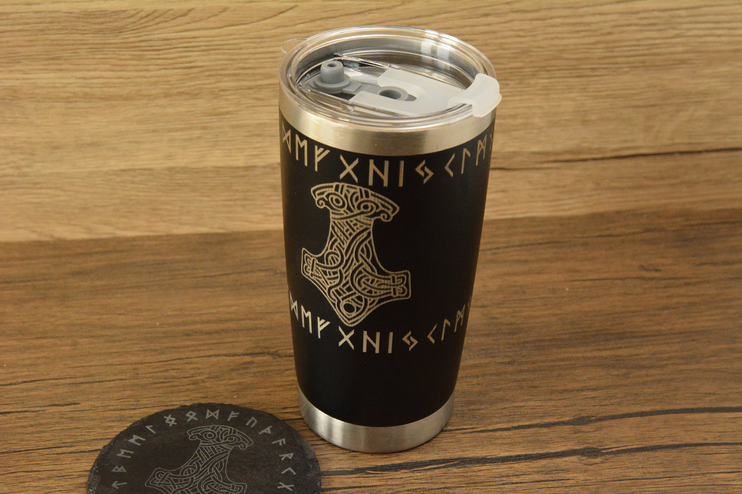 Mjolnir Norse Tumbler & Coaster Gift Set – Engraved Viking Thermal Mug