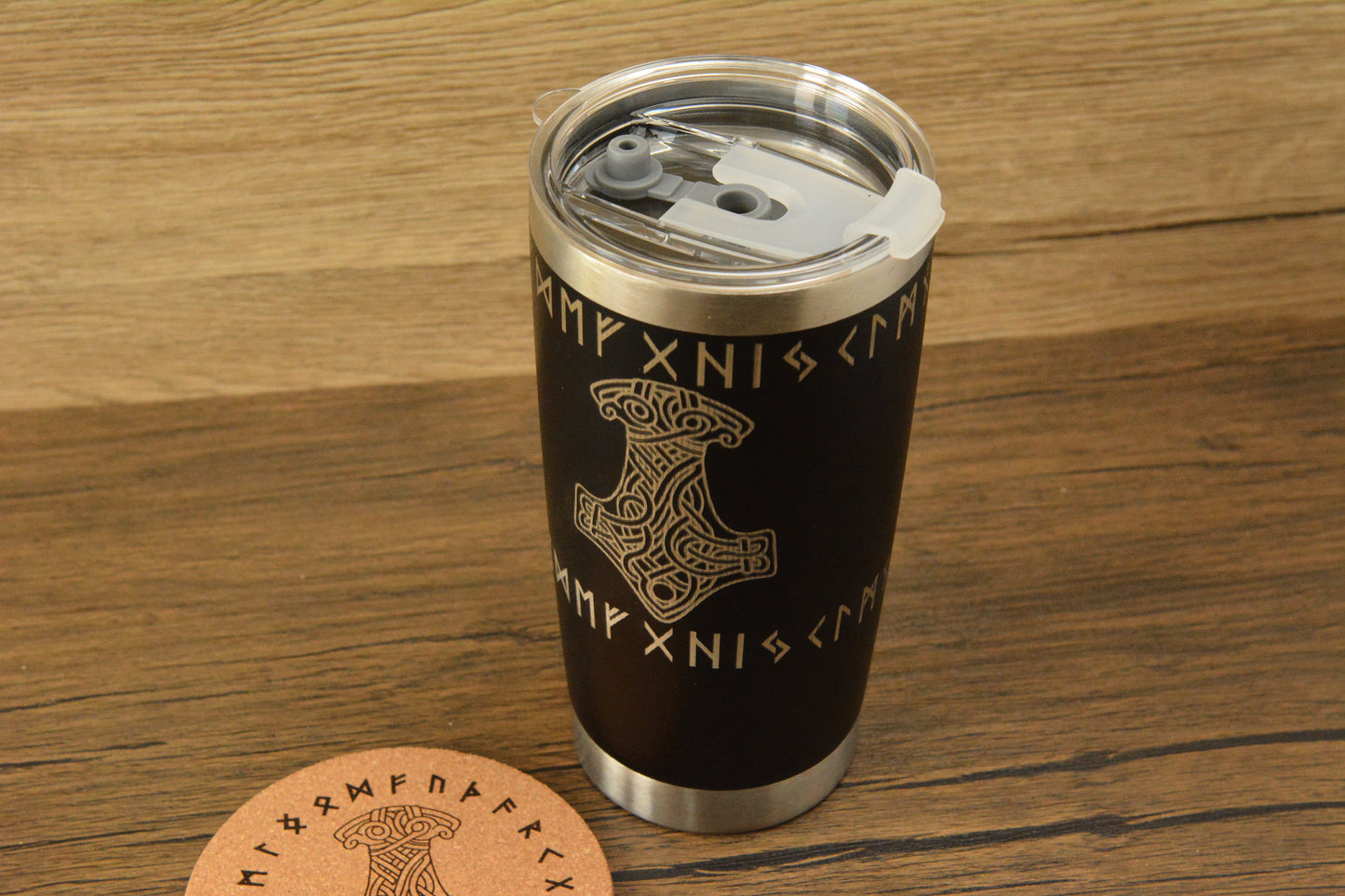 Mjolnir Norse Tumbler & Coaster Gift Set – Engraved Viking Thermal Mug