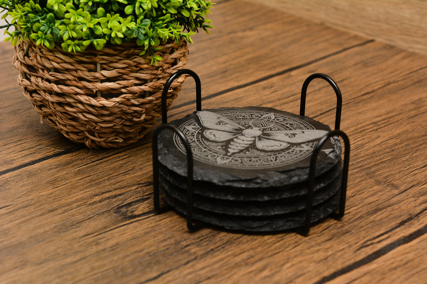 Norse Mythology Slate Coaster Set of 4 with Holder – Viking Animal Runes, Odin’s Creatures, Nordic Pagan Home Decor