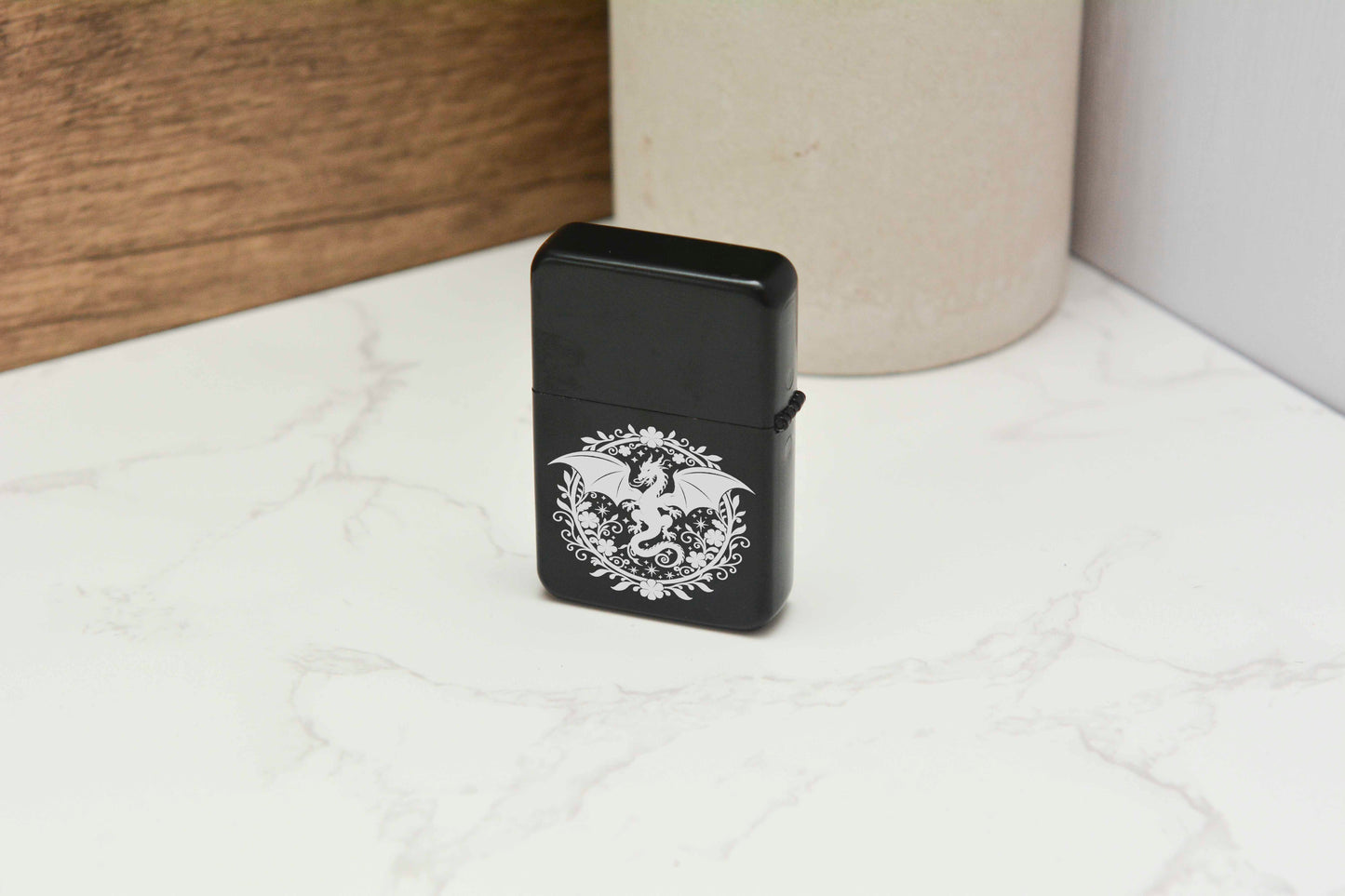 Dragon Engraved Lighter – Black Matte Stainless Steel Refillable Flip Top