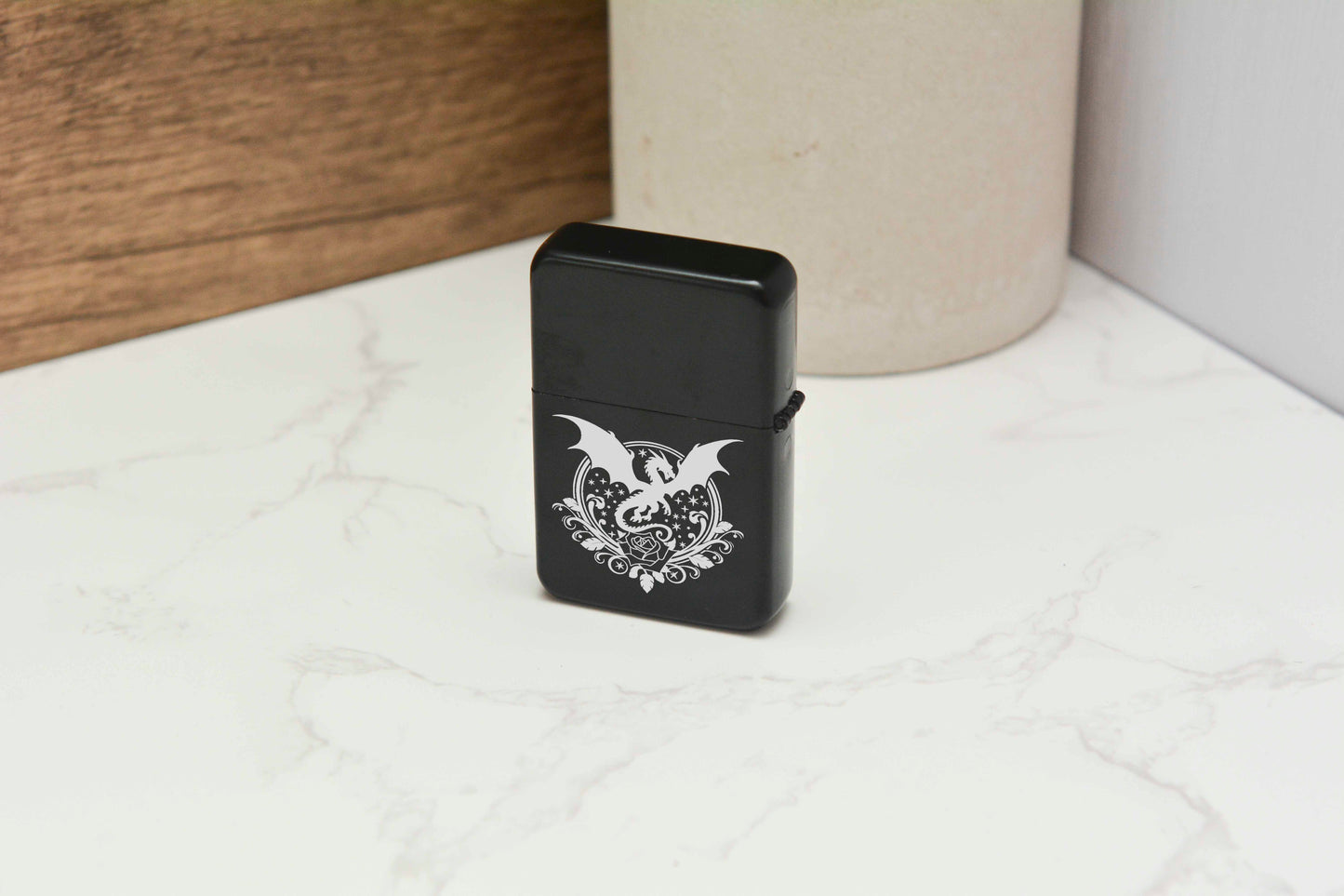 Dragon Engraved Lighter – Black Matte Stainless Steel Refillable Flip Top