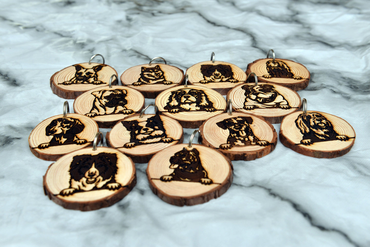 Engraved Dog Portrait Wooden Keyrings – Natural Pine Slice Gift for Dog Lovers, Dog Mum Present, Custom Pet Keepsake Key Ring