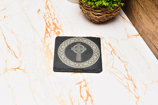 Celtic Slate Coaster – Engraved Irish Cross or Symbol for Folklore-Inspired Home Decor
