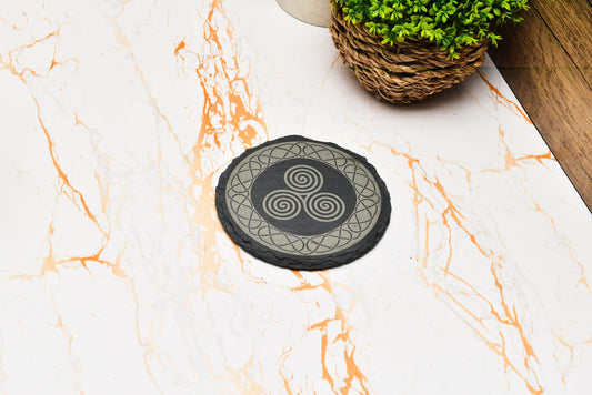 Triskelion Celtic Coaster & Bar Mat Set – Engraved Slate for Wiccan or Pagan Decor