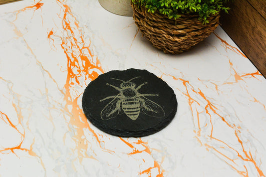 Honey Bee Slate Coaster – Rustic Honeycomb Drink Mat, Custom Cottagecore Decor, Shabby Chic Gift for Bee Lovers & Nature-Inspired Homes