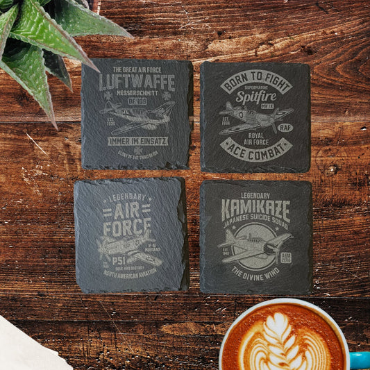 WWII Aircraft Slate Coasters – Fighter Plane Gift for Him – Gaming or Man Cave Decor – British, German, American & Japanese Designs