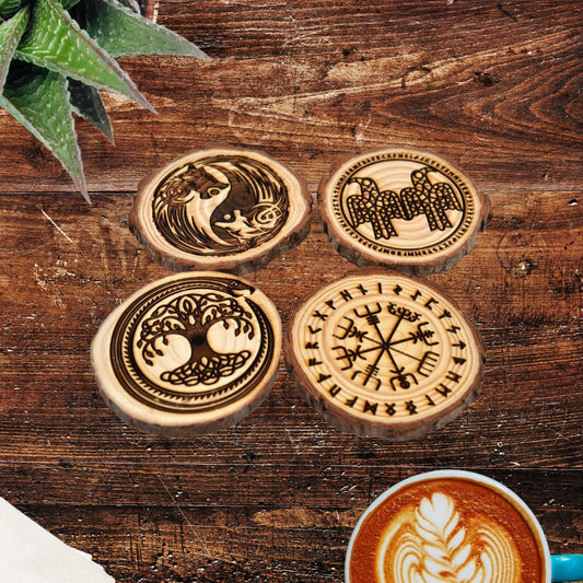Norse Wooden Coasters – Laser Engraved Runes & Myth Symbols – A Viking Touch for Your Table