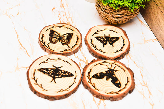 Moth & Butterfly Wooden Coaster – Rustic Cottagecore Insect Gift for Nature Lovers