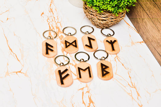 Engraved Viking Rune Keyring – Wooden Norse Letter Keepsake – Unique Pagan Gift Idea