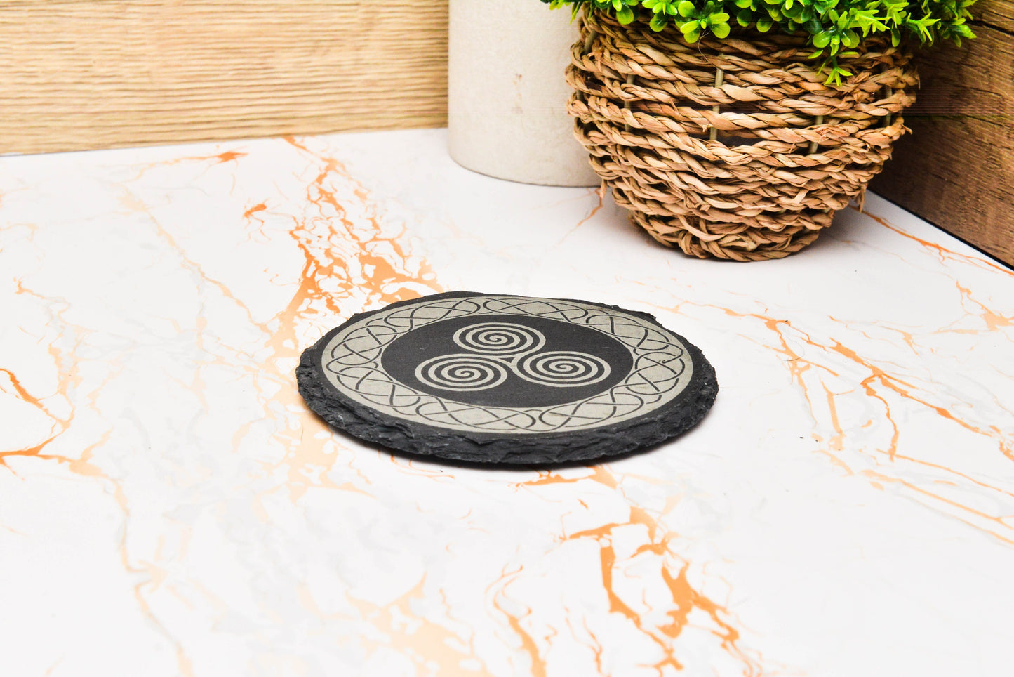Triskelion Celtic Coaster & Bar Mat Set – Engraved Slate for Wiccan or Pagan Decor