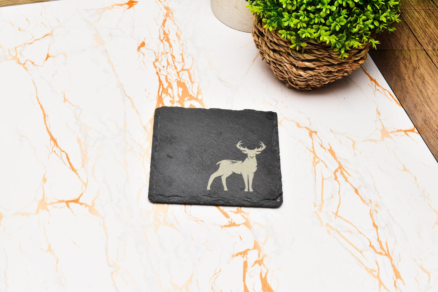 Rustic Stag Slate Coaster – Nature-Inspired Dining Decor, Log Cabin Table Mat, Deer Placemat, Lodge Style Gift for Home or Housewarming