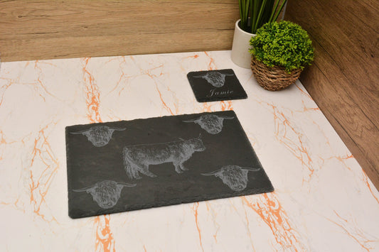 Personalised Highland Cow Slate Placemat & Coaster Set – Rustic Dining Table Decor, Cottagecore Gift for Home, Farmhouse Housewarming Set