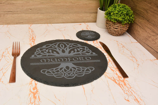 Personalised Slate Tree of life table placemat and coaster set. custom place setting. Customised Name coaster and placemat.