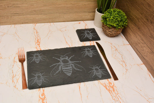 Cottagecore Bee Slate Coaster & Placemat Set – Custom Engraved Table Decor, Nature-Inspired Dining Gift for Bee Lovers & Housewarming